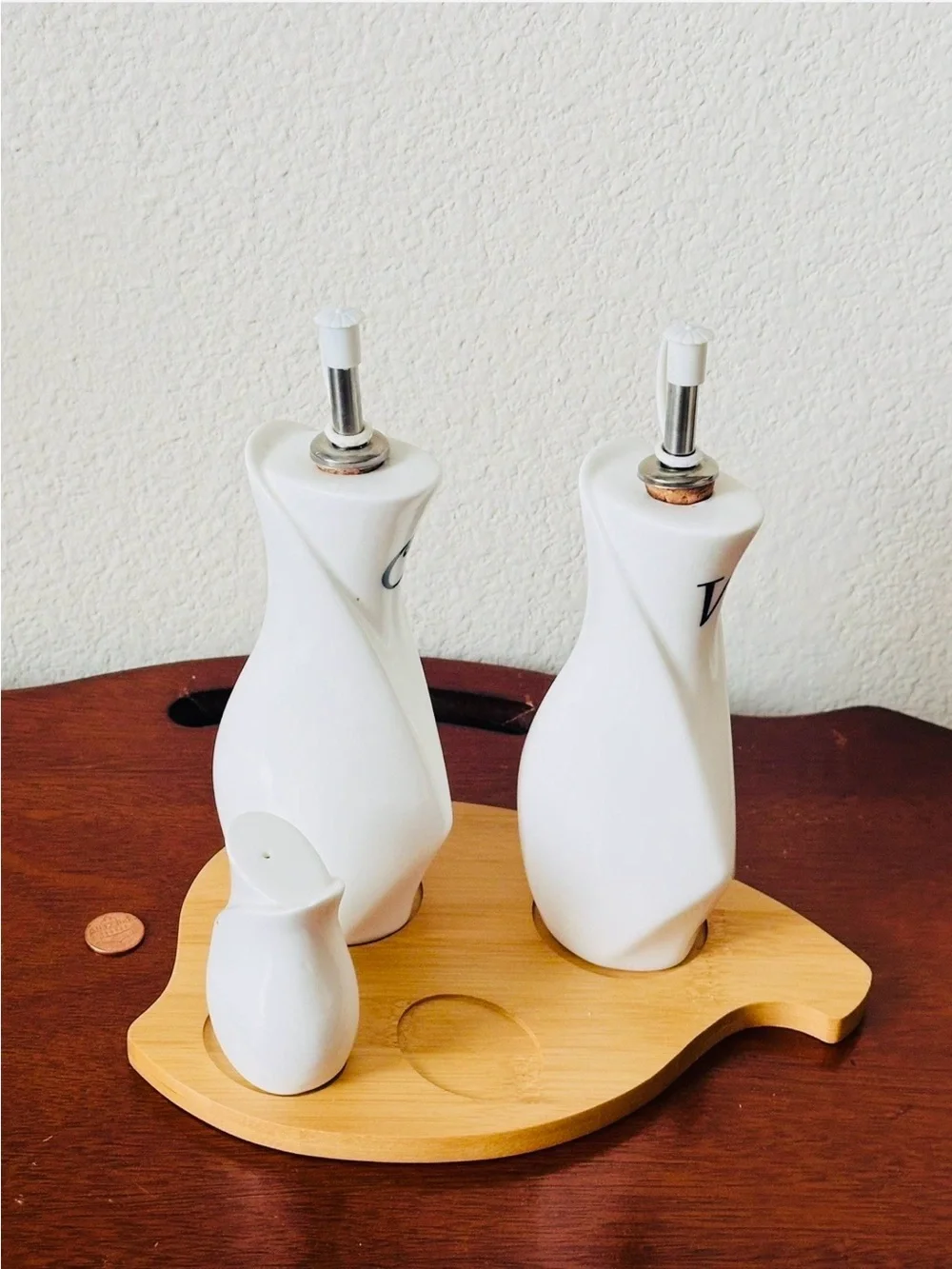 White Ceramic Olive Oil and Vinegar Pourer Set with Bamboo Tray